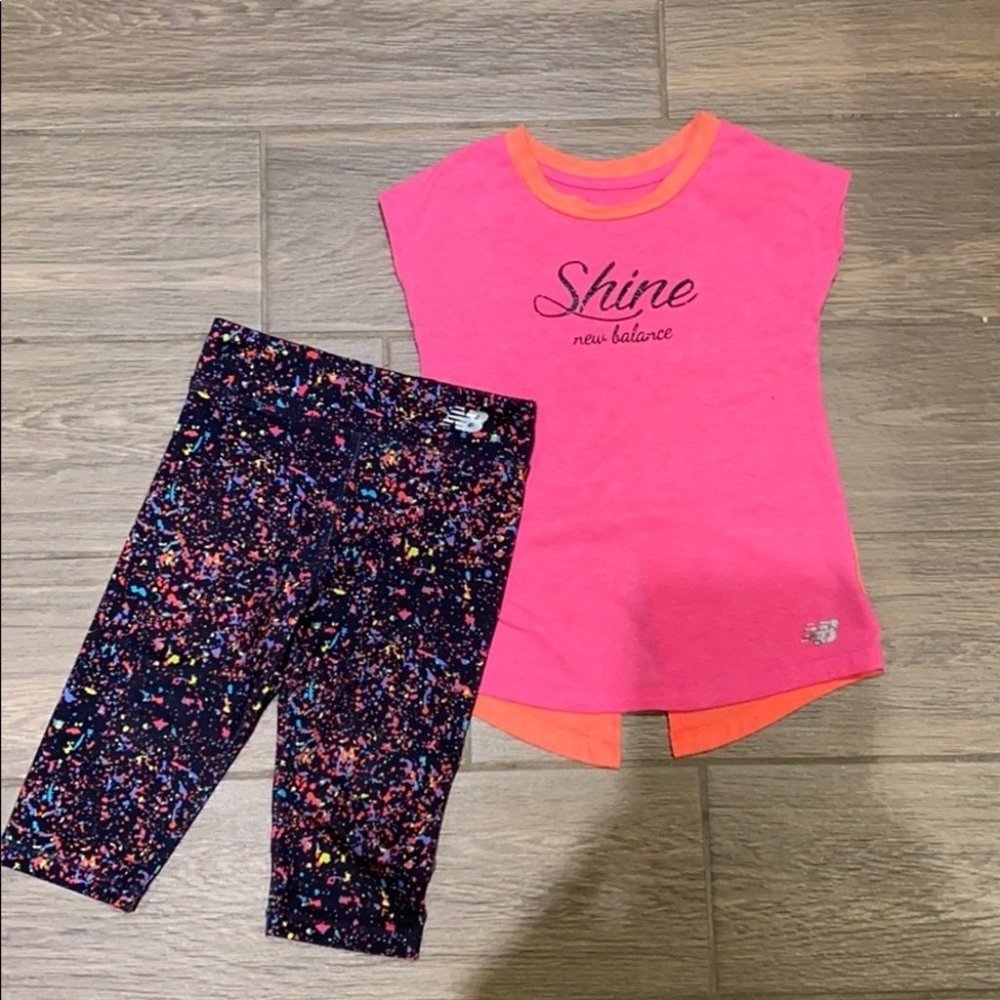 New Balance Kids Girl Pink Shine T-Shirt Splatter Paint Leggings Outfit Size 3T